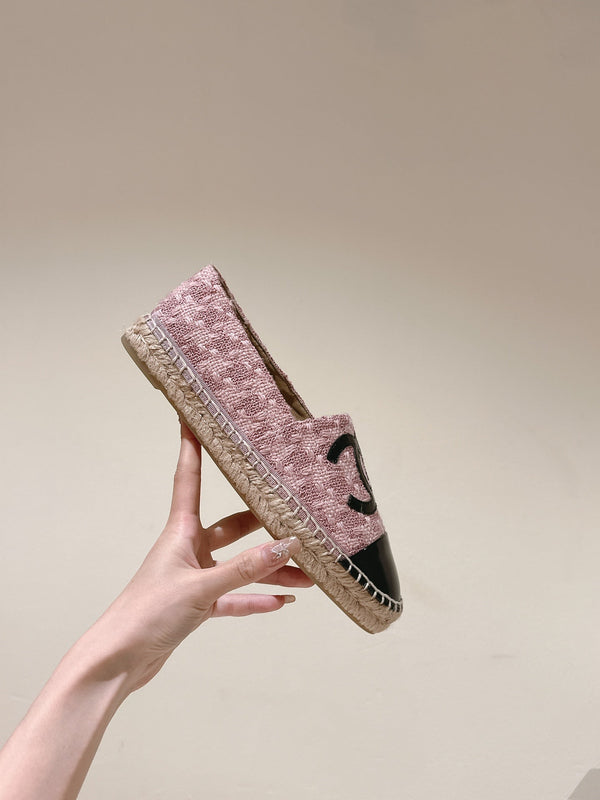 espadrillas in pelle di vitello verniciata nera in tweed rosa