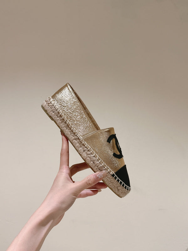 espadrillas in pelle di vitello metallizzata oro e tela nera