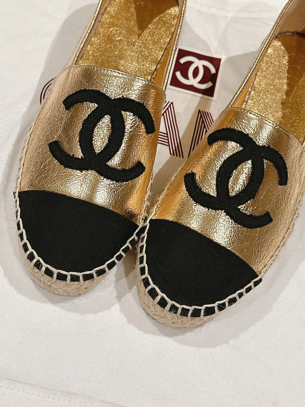 espadrillas in pelle di vitello metallizzata oro e tela nera