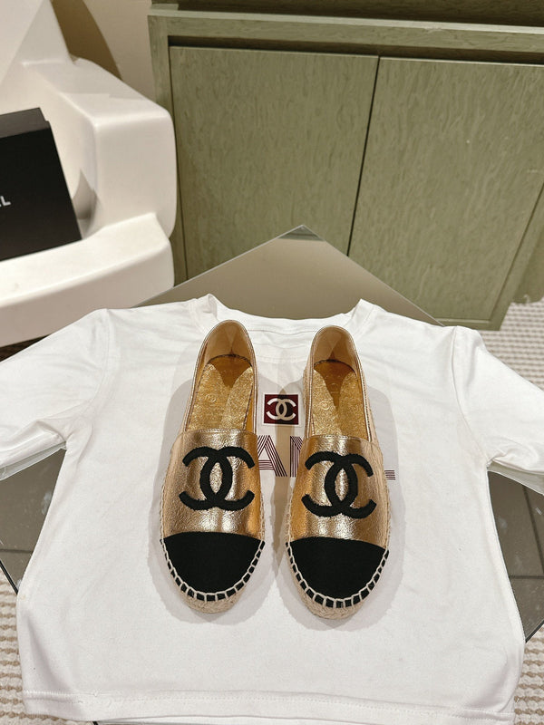 espadrillas in pelle di vitello metallizzata oro e tela nera