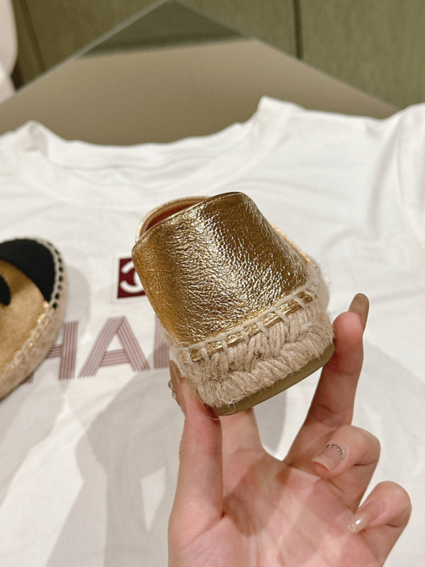 espadrillas in pelle di vitello metallizzata oro e tela nera