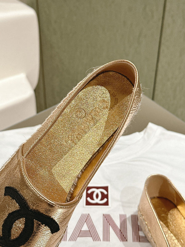 espadrillas in pelle di vitello metallizzata oro e tela nera