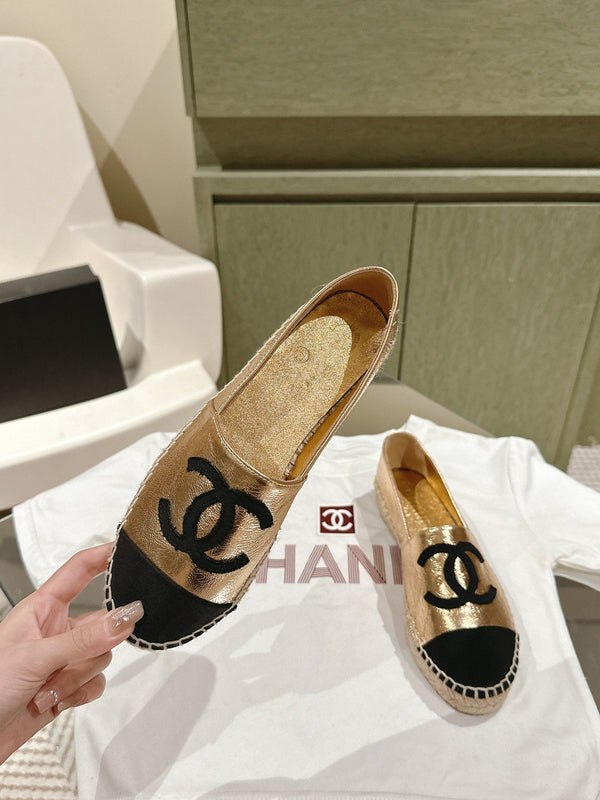 espadrillas in pelle di vitello metallizzata oro e tela nera