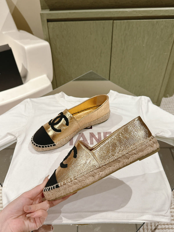 espadrillas in pelle di vitello metallizzata oro e tela nera