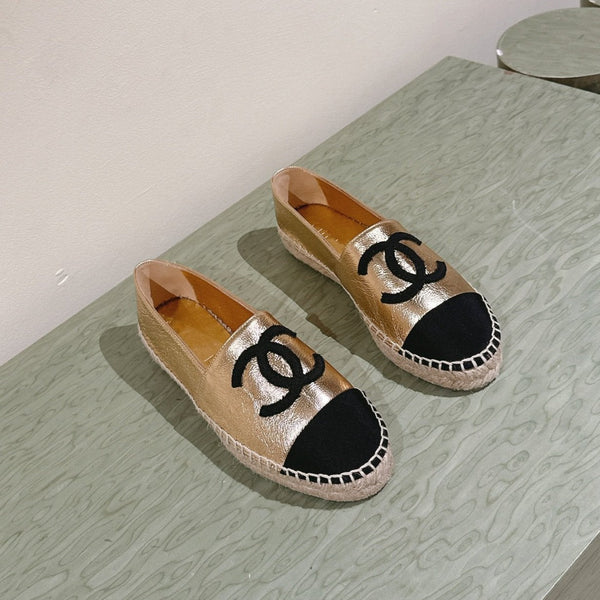 espadrillas in pelle di vitello metallizzata oro e tela nera
