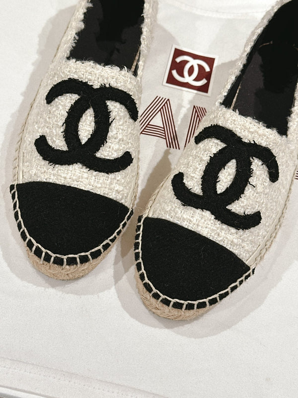 espadrilles white tweed black canvas