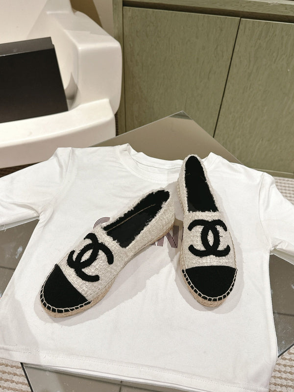 espadrilles white tweed black canvas