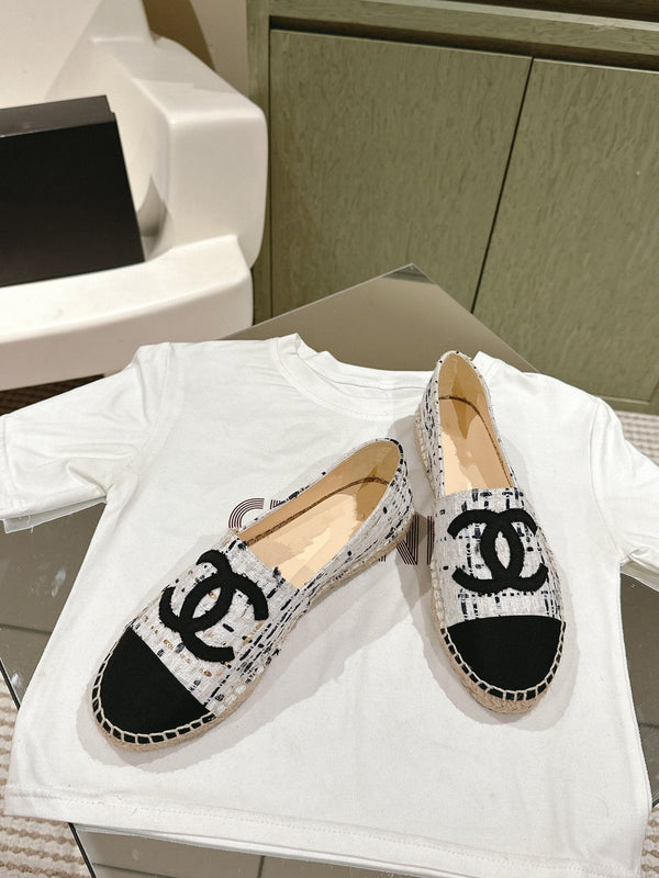 espadrilles white black tweed canvas