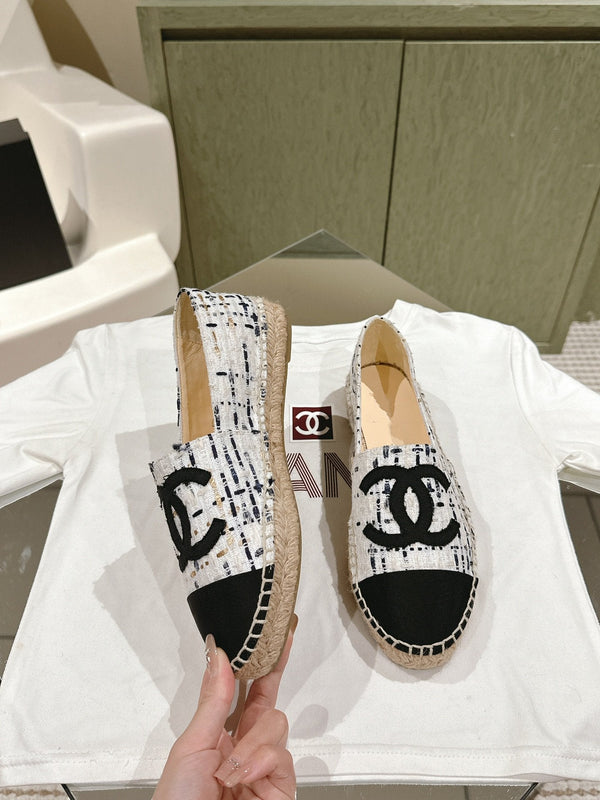 espadrilles white black tweed canvas