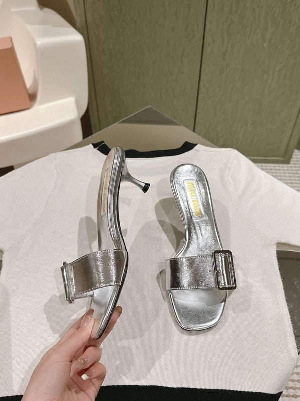 Miu x Balanc Studded Buckle Elegant Mules 45mm Sliver Patent Leather 445868