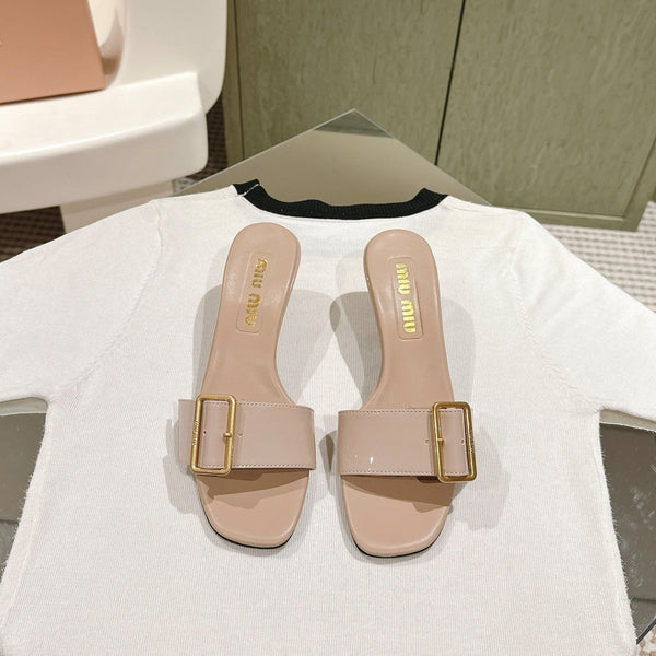 Miu x Balanc Studded Buckle Elegant Mules 45mm Beige Patent Leather 445869