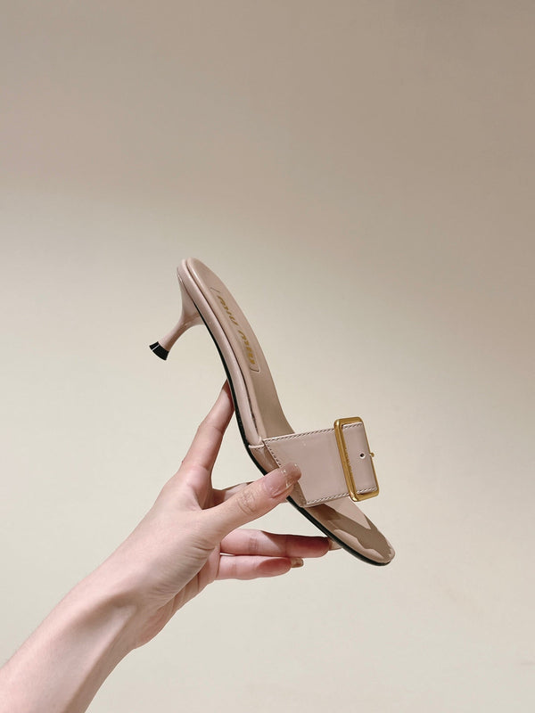 Miu x Balanc Studded Buckle Elegant Mules 45mm Beige Patent Leather 445869