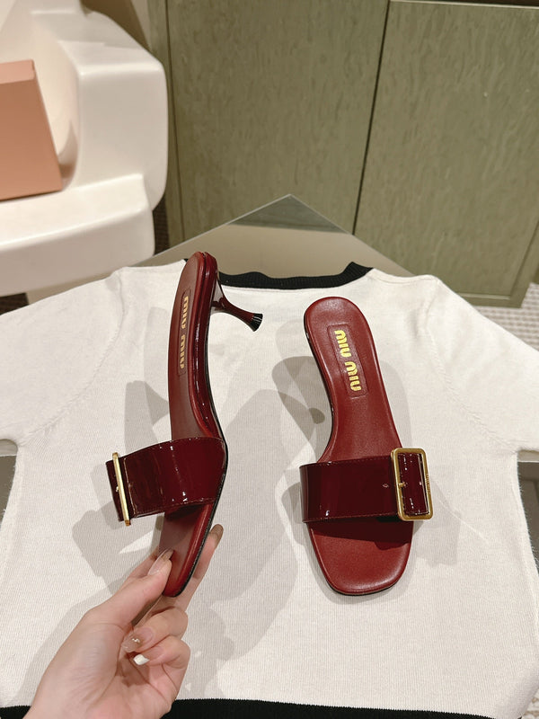 Miu x Balanc Studded Buckle Elegant Mules 45mm Burgundy Patent Leather