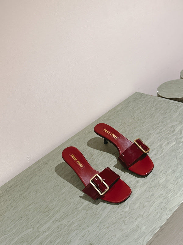 Miu x Balanc Studded Buckle Elegant Mules 45mm Burgundy Patent Leather