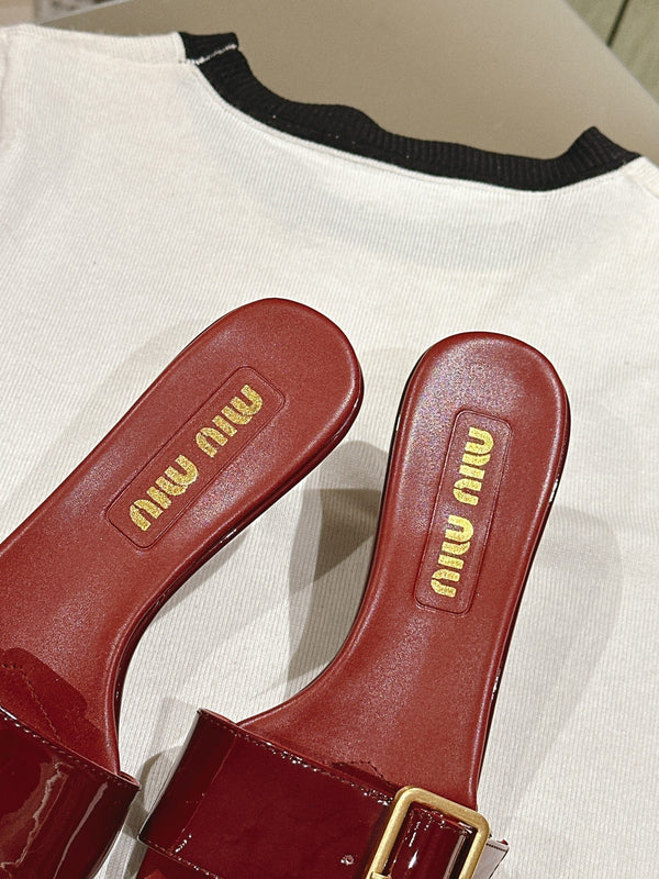 Miu x Balanc Studded Buckle Elegant Mules 45mm Burgundy Patent Leather