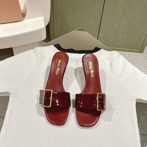Miu x Balanc Studded Buckle Elegant Mules 45mm Burgundy Patent Leather