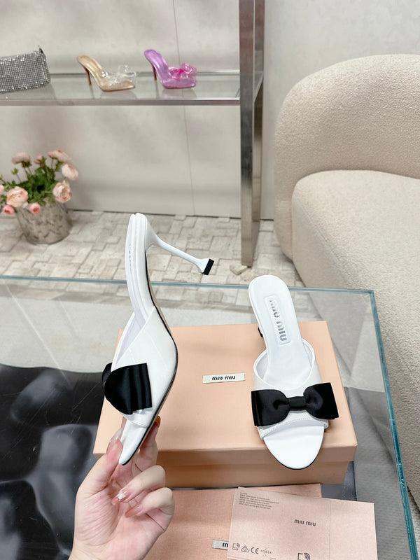 Miu Mordoré Black Bows Mules 70mm White Cowhide 445516