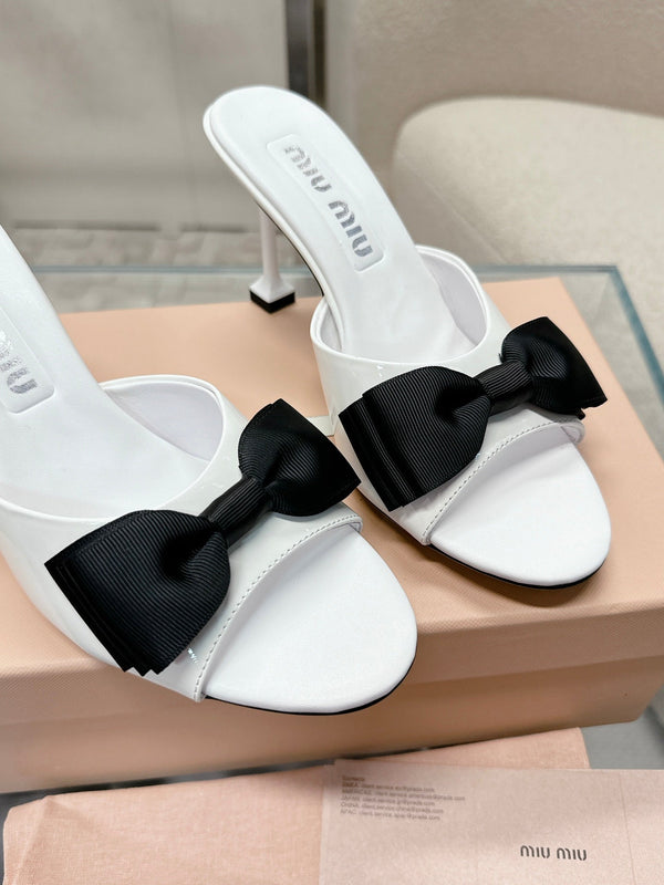 Miu Mordoré Black Bows Mules 70mm White Cowhide 445516
