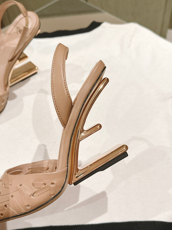 FENDI FIRST HIGH-HEELED SLINGBACK 85 MM IN TUSCAN TAN LAMBSKIN GOLD HARDWARE