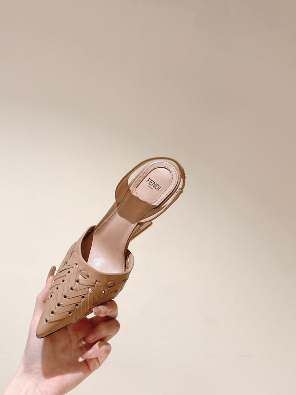 FENDI FIRST HIGH-HEELED SLINGBACK 85 MM IN TUSCAN TAN LAMBSKIN GOLD HARDWARE