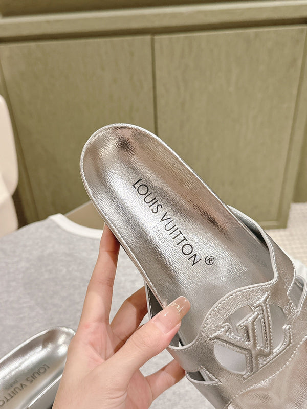 lv sandal isola flat mule silver metalic calfskin