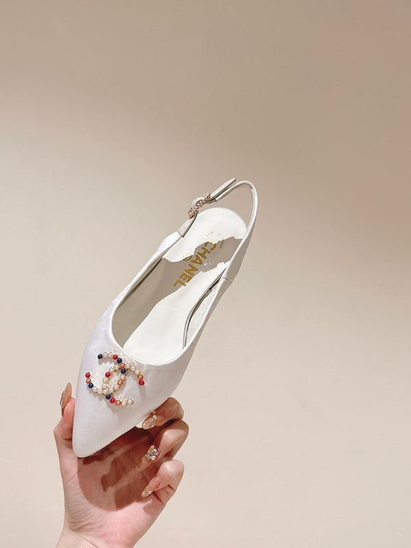 slingbacks flat white satin multicolor logo
