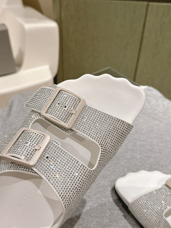 PANTOFOLE BIRKENSTOCK CON STRASS IN PELLE DI VITELLO BIANCA