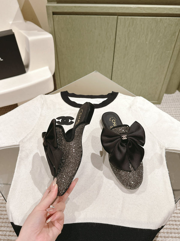 CC JEWELED MULE WITH SILK BOW AND BLACK LAMBSKIN