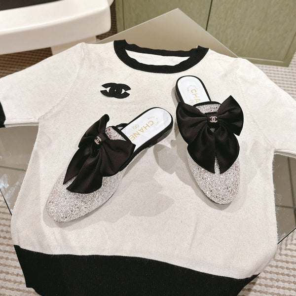 CC JEWELED MULE WITH SILK BLACK BOW IN WHITE LAMBSKIN