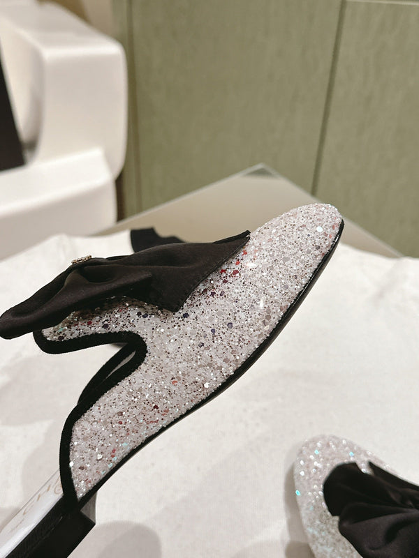 CC JEWELED MULE WITH SILK BLACK BOW IN WHITE LAMBSKIN