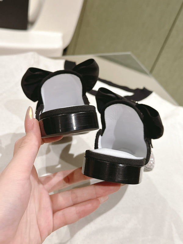 CC JEWELED MULE WITH SILK BLACK BOW IN WHITE LAMBSKIN