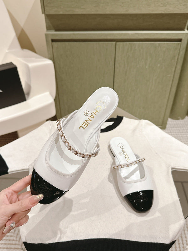 cc mule catena in pelle vitello bianco vitello verniciato nero