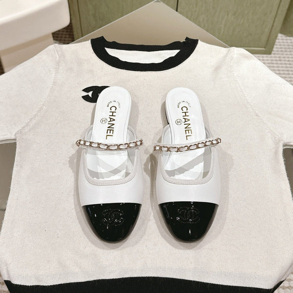 cc mule catena in pelle vitello bianco vitello verniciato nero