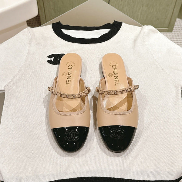 cc mule catena in pelle vitello beige vitello verniciato nero