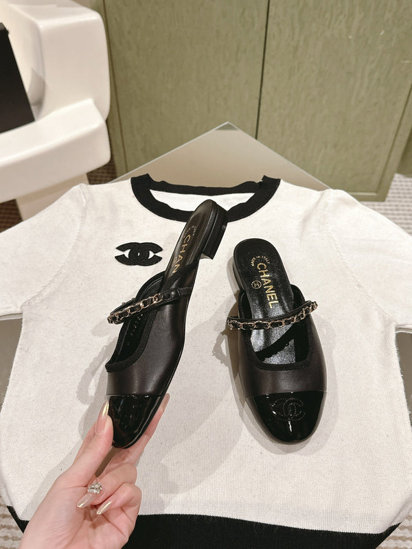 cc mule catena in pelle vitello nero vitello verniciato