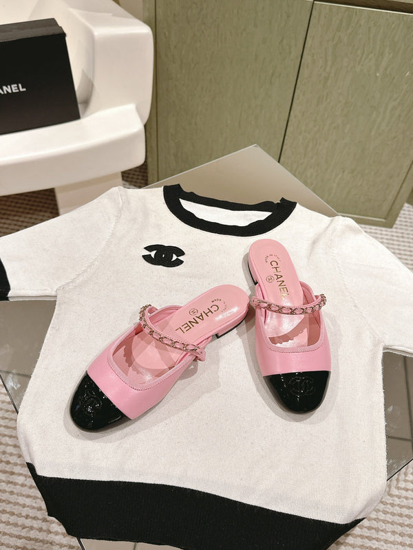 cc mule catena in pelle vitello rosa vitello verniciato nero