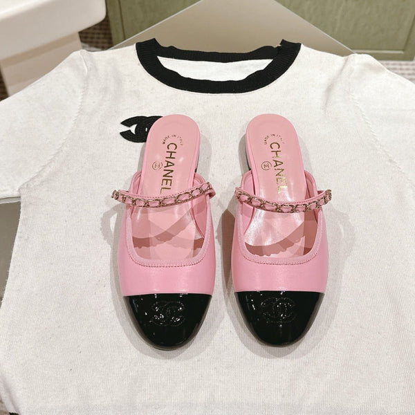 cc mule catena in pelle vitello rosa vitello verniciato nero