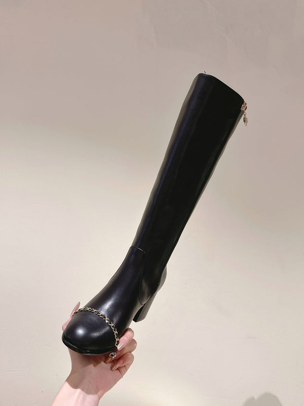 CC 24 FW Knee-High Boots with Chain 70mm Black Cowhide 447186