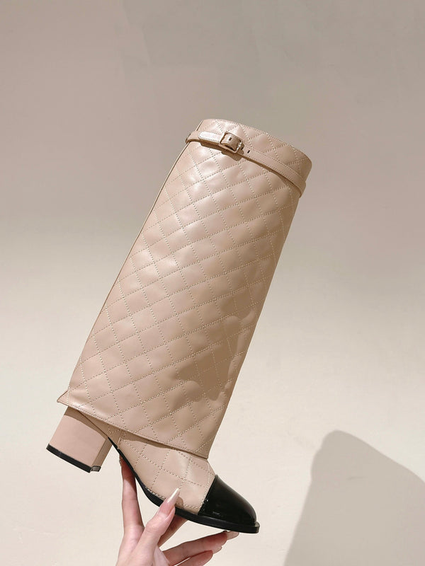 CC 24ss Fold-Over High Boots 40mm Beige Quilted Sheepskin 447475