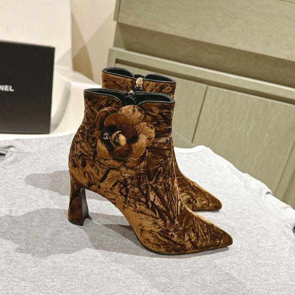 CC Ankle Boots 85mm Brown Yellow Rough Velvet Fabric