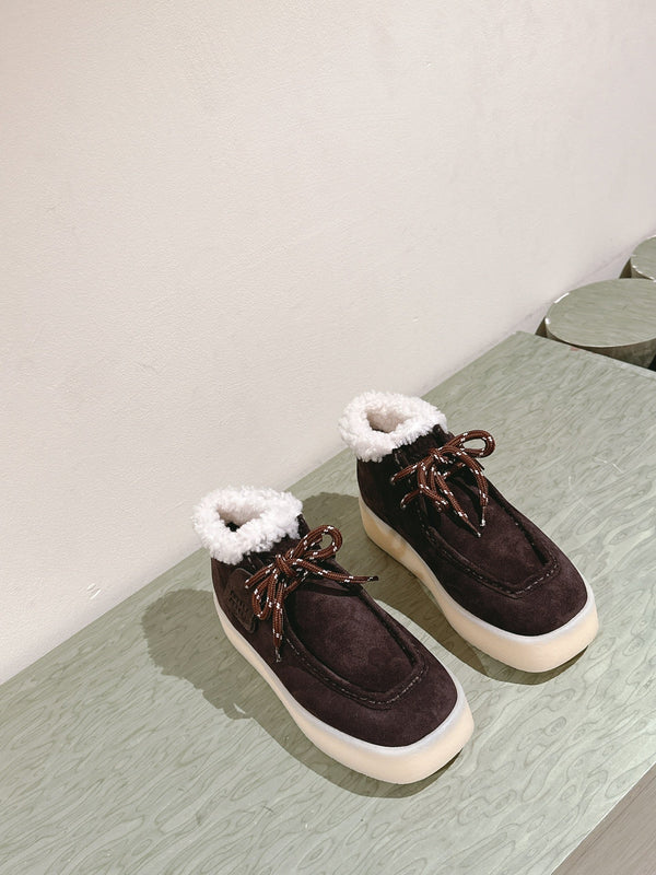 Miu Ankle Boots Brown Earth Fleece Lining Suede