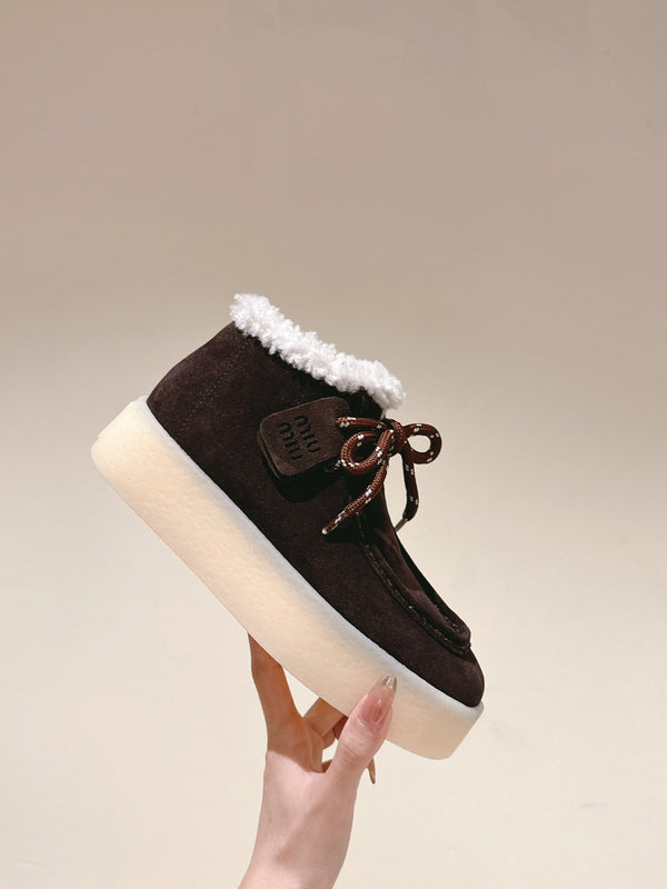 Miu Ankle Boots Brown Earth Fleece Lining Suede