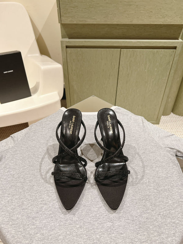 MULE TACCO ALTO 10 CM IN RASO NERO CON STRASS