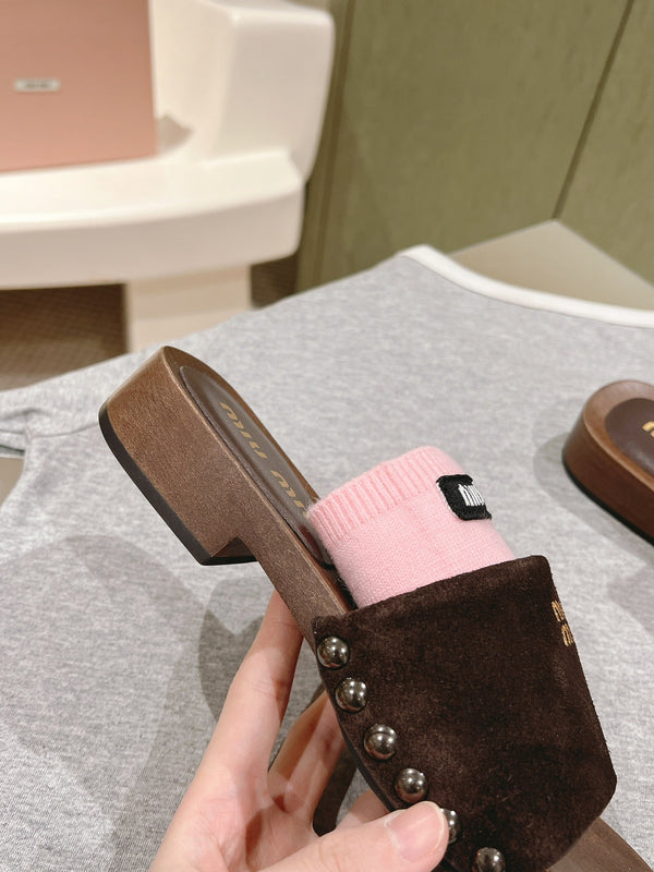 Miu Clogs 30mm Brown Pink Suede Wood 445657