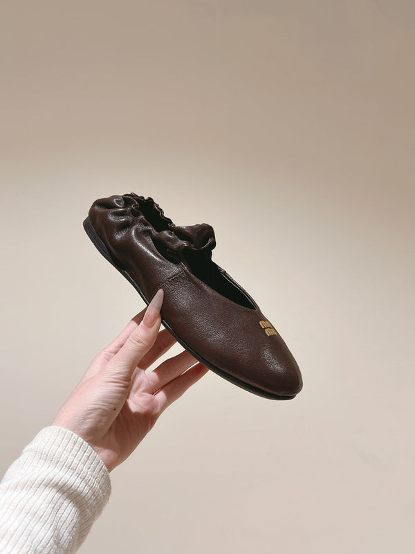 Miu Ruches Ballet Flat Brown Lambskin 445667