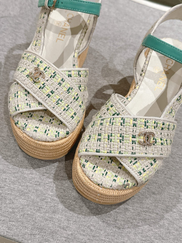CC 25ss Espadrille Sandals 85mm Greenish-Blue Colorful Tweed Cowhide 462245