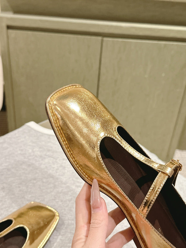 The Row Square T-Strap Flat Gold Metallic Leather 451286