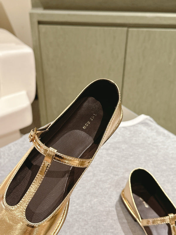 The Row Square T-Strap Flat Gold Metallic Leather 451286