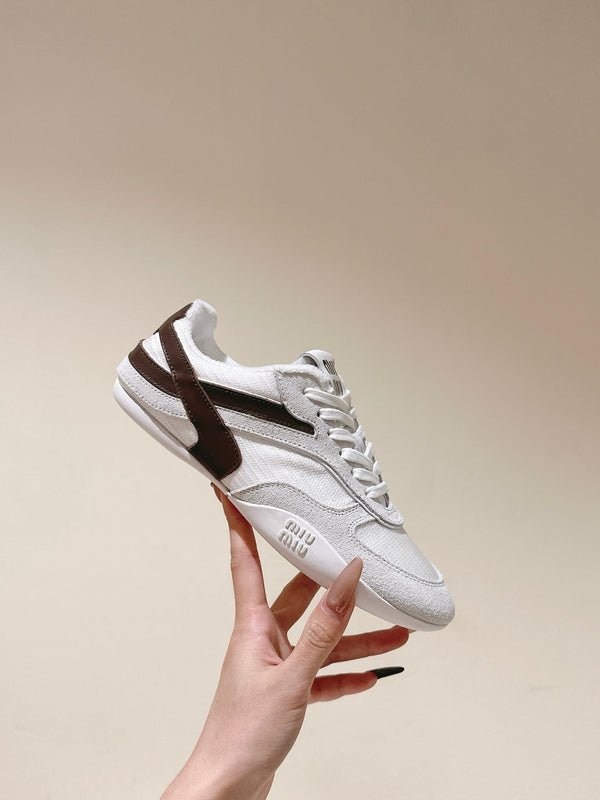 Miu Gymnasium Sneakers Brown White Technical Fabric & Suede 445725