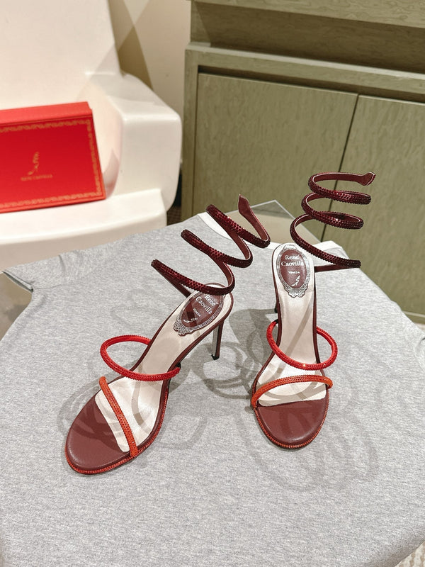 RC 25 Snake-Shaped High-Heeled Sandals Dark Red Silk Rhinestones 268061